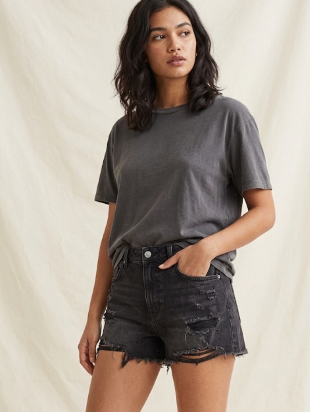 H&M Black Distressed Denim Cutoff Shorts Size 8 Raw Hem